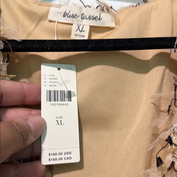 Anthropolgie BLUE TASSEL SLEEVELESS V-NECK TEXTURED MINI DRESS, size XL - Picture 5 of 8